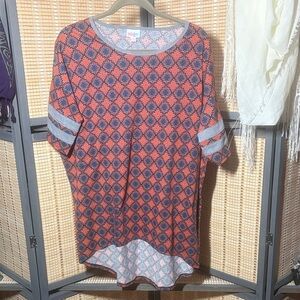 LuLaRoe Blue and Red Aztec Print Irma w/ Heather Gray Striped and Accents